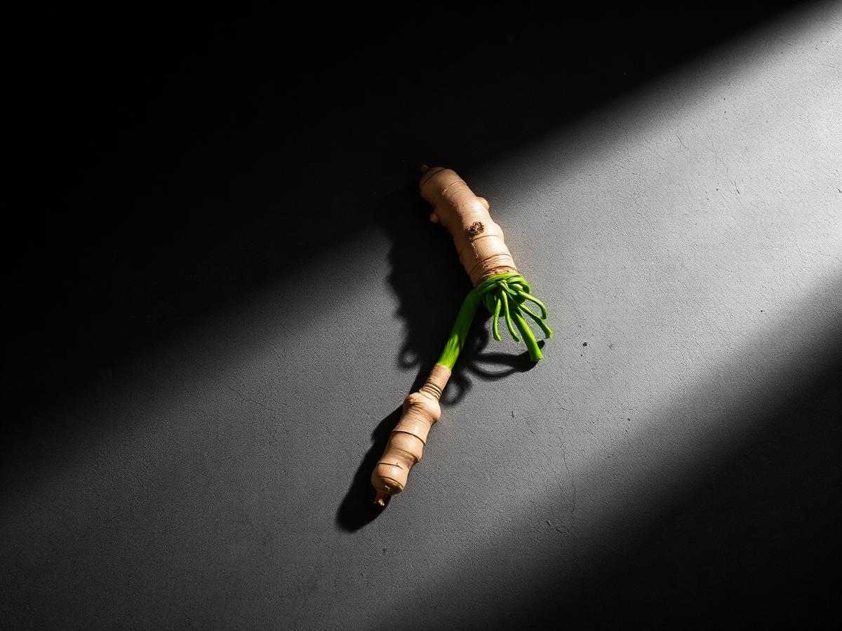 Raw ginger root on grey concrete in hard light