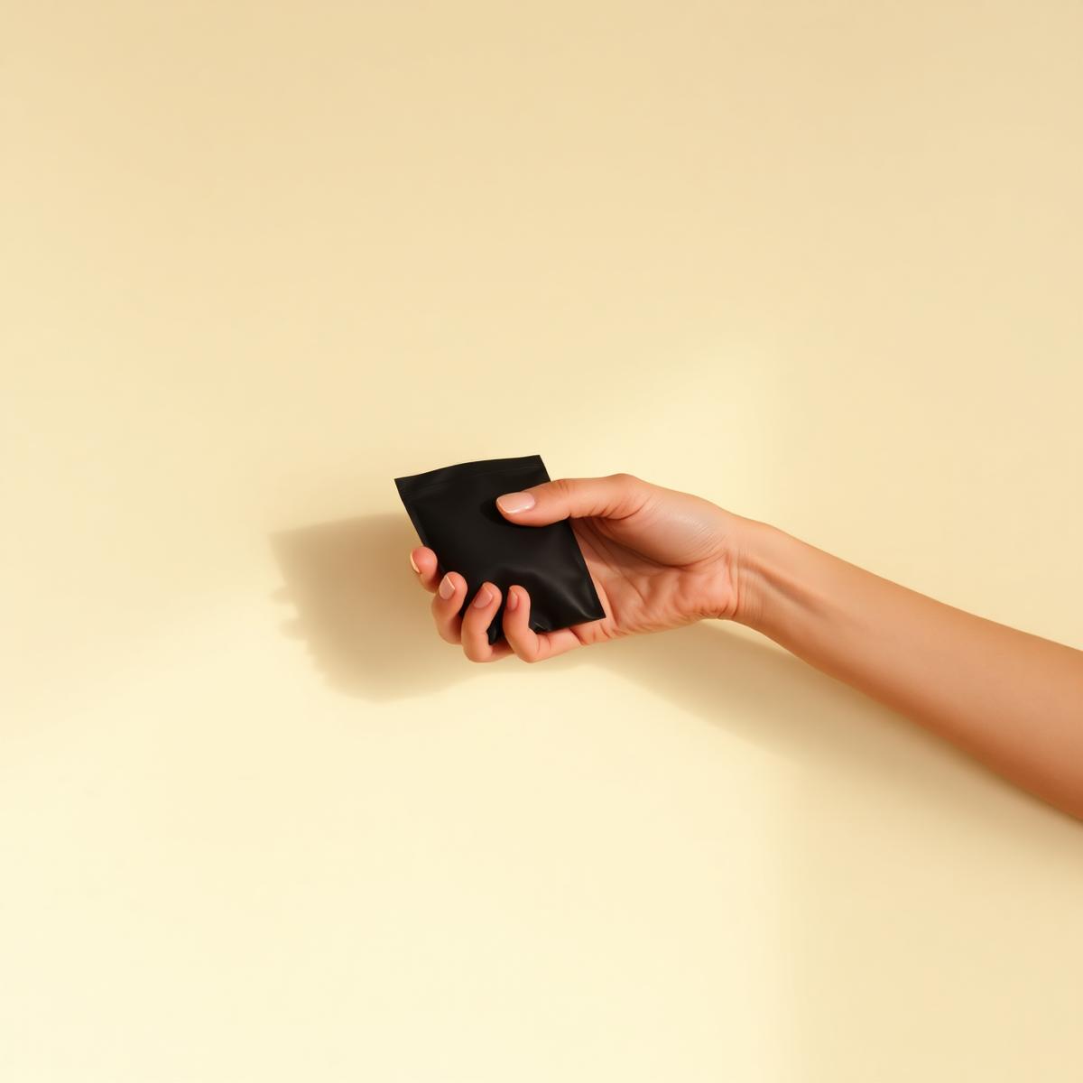 A hand holding a Gingerdam pouch against a plain wall