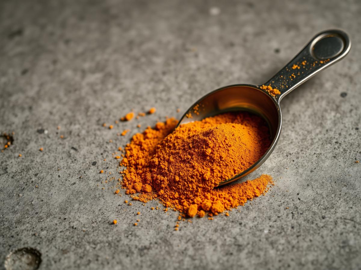 Ginger powder in a metal measuring scoop on concrete