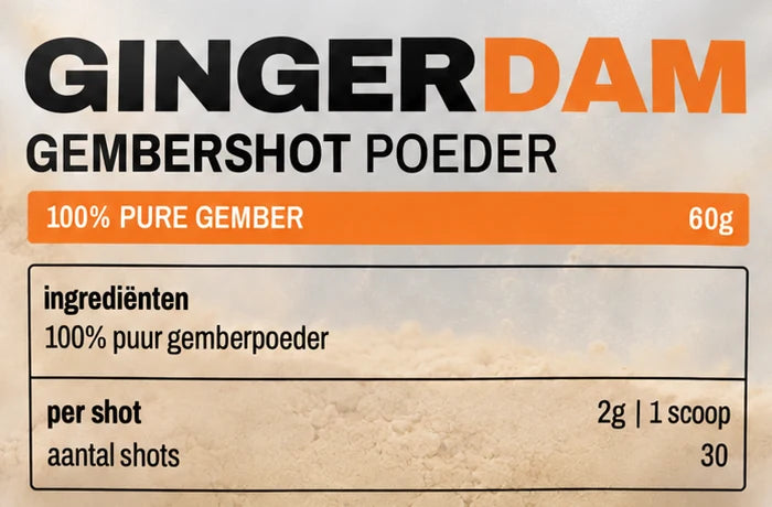 Etiket met ingrediënten en inhoud van Gingerdam